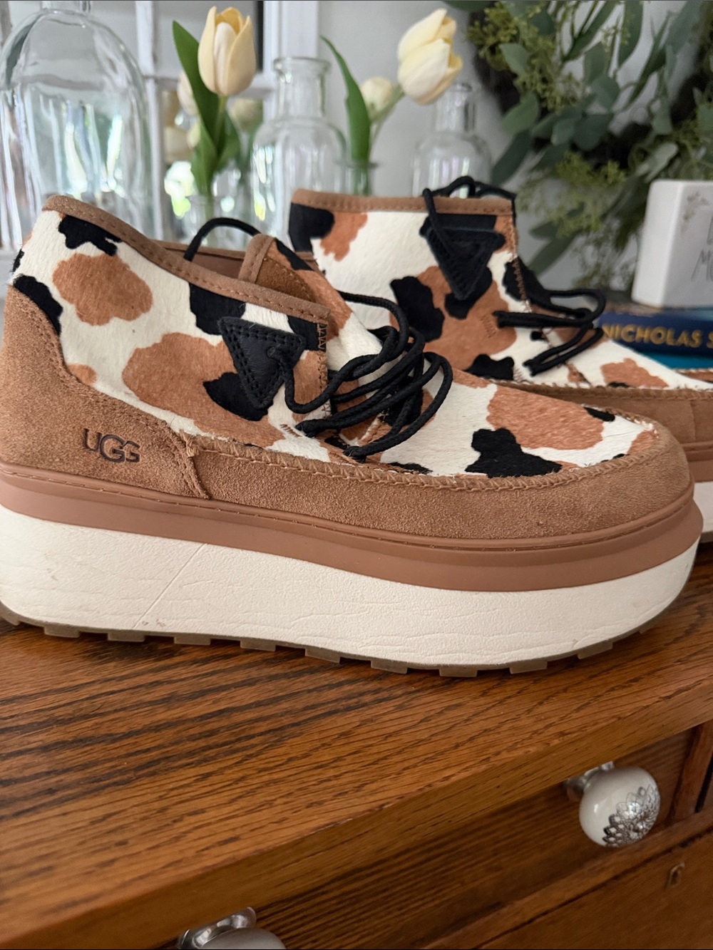 UGG Cow-Print Platform Chukka in Brown, Black & White